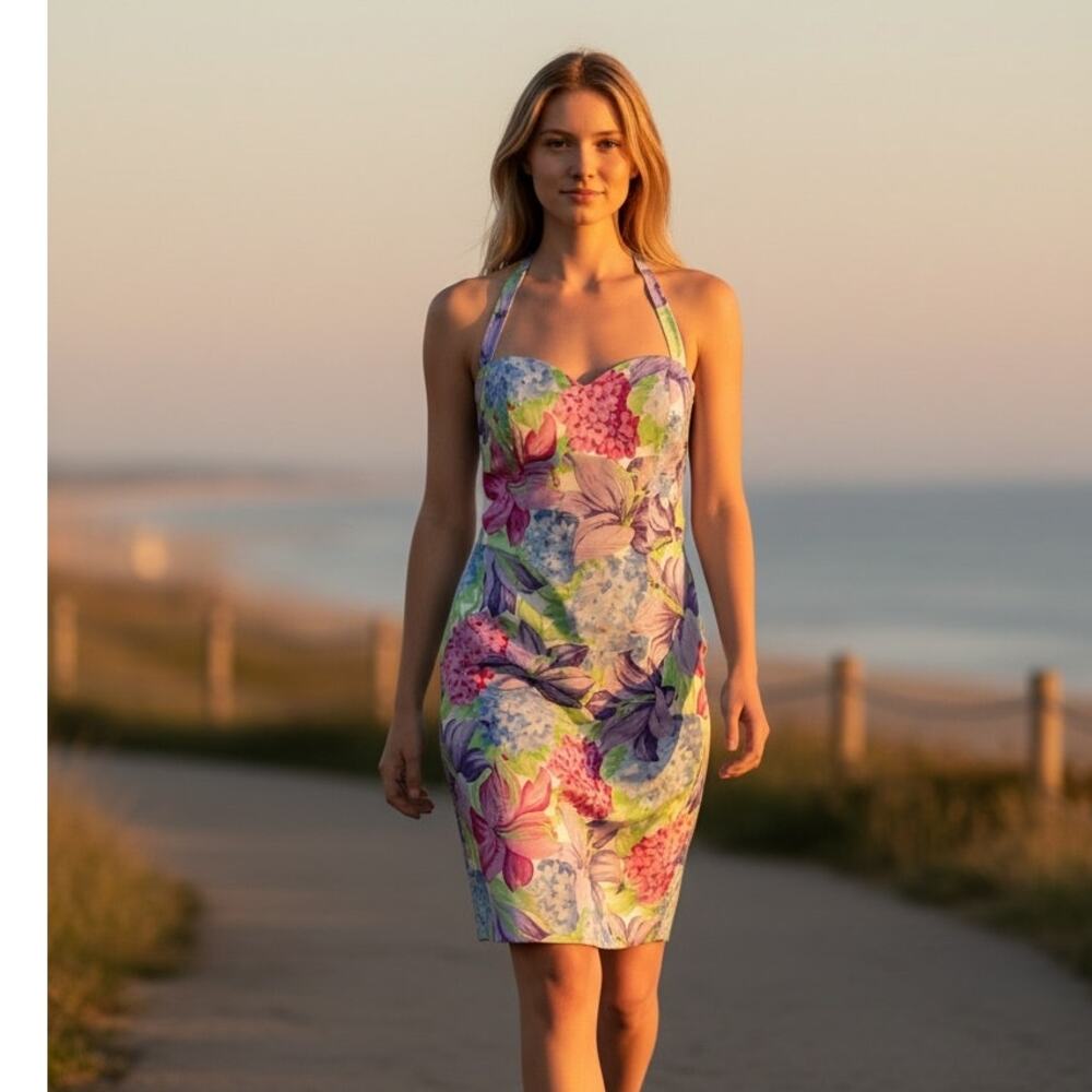 Mila Schon Floral Halter Dress Womens Small Bustier Italian Designer Vintage